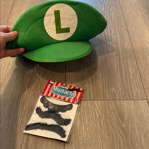 Green Luigi-Inspired Kids Costume Hat and Mustache Set
